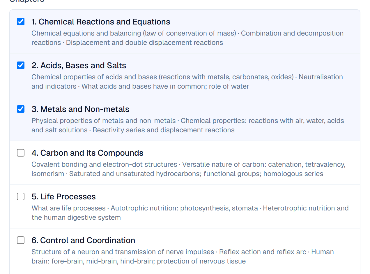 Chapter list for Class 10 Science with NCERT topics under each chapter