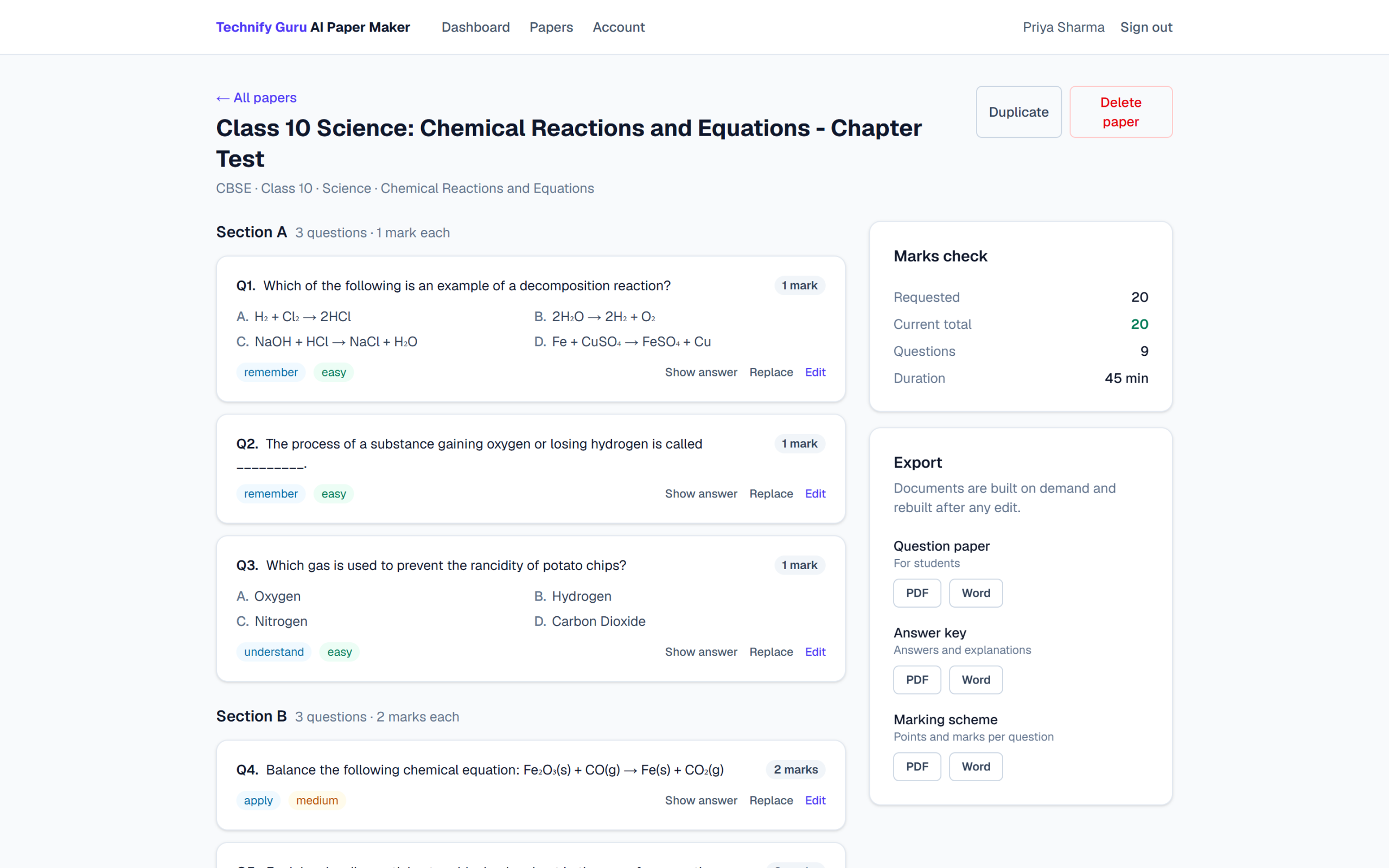 AI Paper Maker showing a generated Class 10 Science paper with its questions, marks check and export options